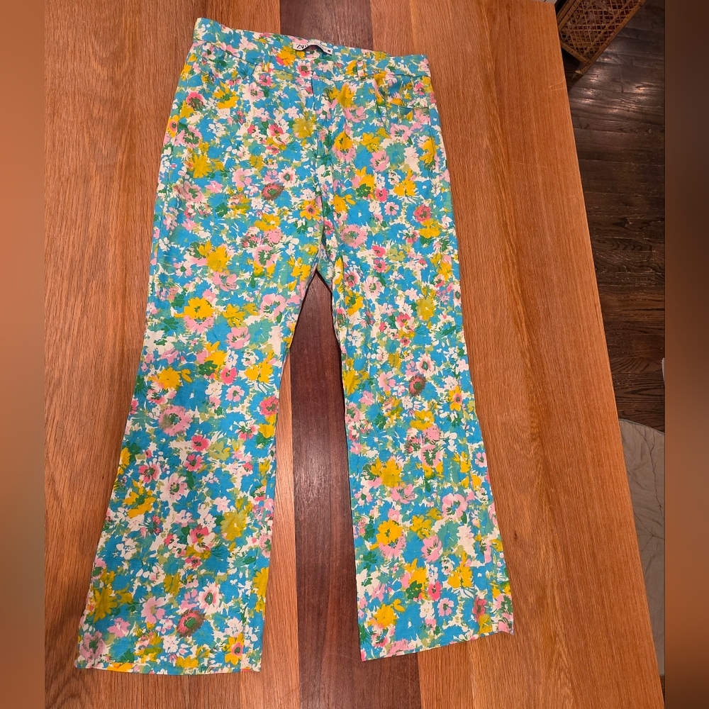 Zara Floral Linen Blend Retro Crop Flare Trouser Pants US Size 8